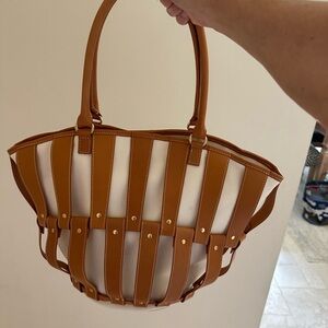 J. McLaughlin Tan and White Striped Tote